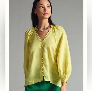 Maeve Anthropologie Audie 100% Linen Balloon Sleeves Blouse Yellow Med Cottage